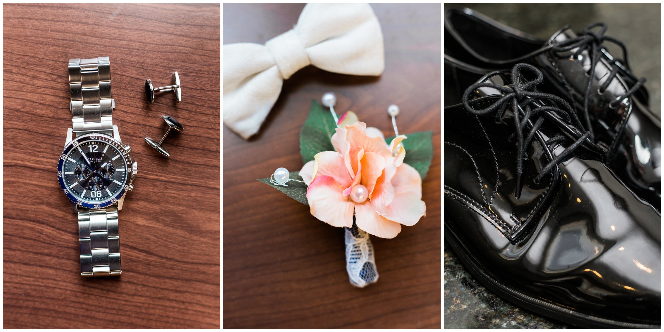 boutonniere , grooms boutonniere, grooms details, grooms details, white bow tie, grooms bow tie, bow tie and shoes, shiny wedding shoes, grooms wedding shoes, black and white wedding photo, coral boutineer, grooms boutineer, coral and blue wedding