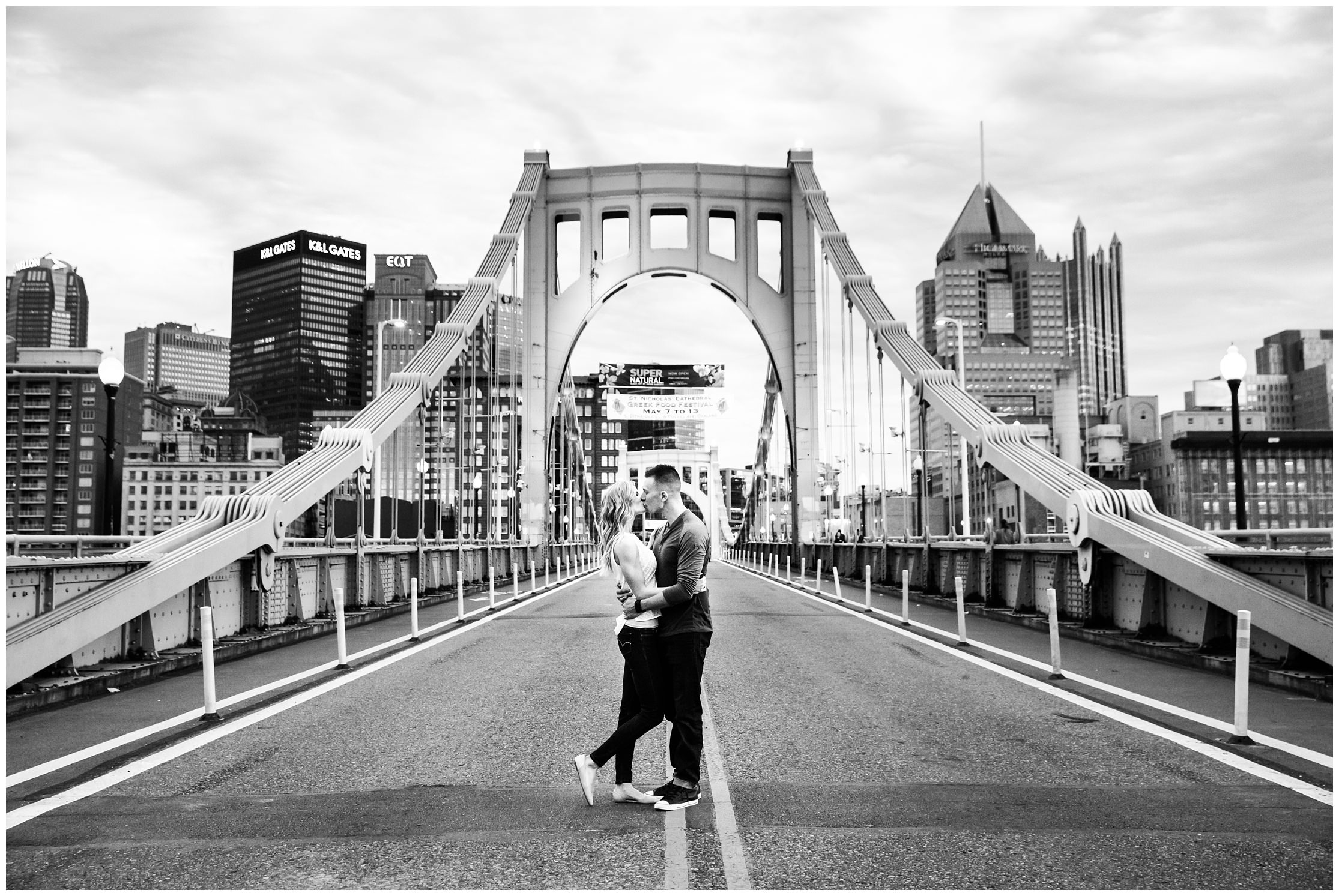 black and white engagement photography, clemente bridge pittsburgh, city engagement, city engagement photography, yellow bridge pittsburgh, yellow bridge photo shoot pittsburgh, clemente bridge engagement, fun pittsburgh engagement photography, romantic pittsburgh engagement photography, pittsburgh engagement photographer, pittsburgh engagement photography, pittsburgh engagement, pittsburgh wedding photographer, pittsburgh wedding photography, pittsburgh wedding, pittsburgh north shore, pittsburgh skyline, pittsburgh couple, engagement photo, engagement photography,